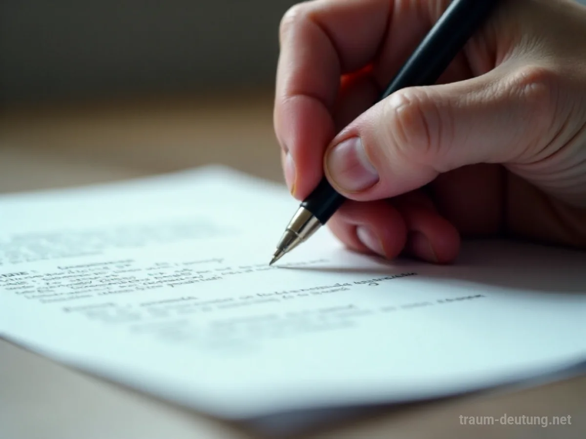 Hand unterschreibt ein Dokument mit einem Stift.