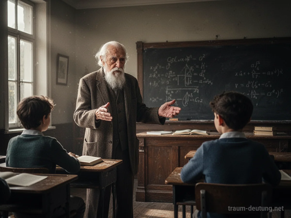 Ein weiser alter Lehrer spricht zu einer Person in einem klassischen Klassenzimmer.