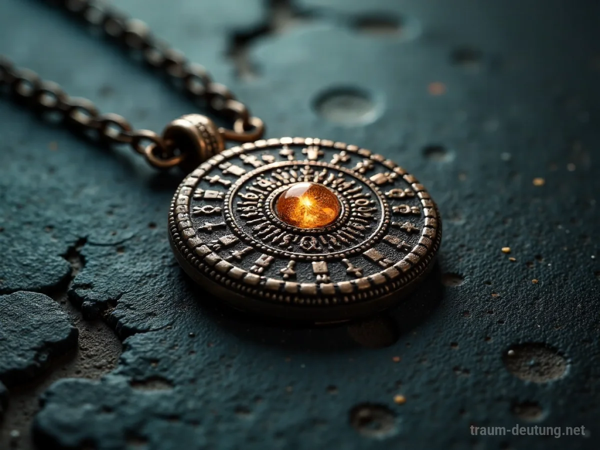 Ein altes Amulett liegt auf dunklem Untergrund, beleuchtet von sanftem Licht.
