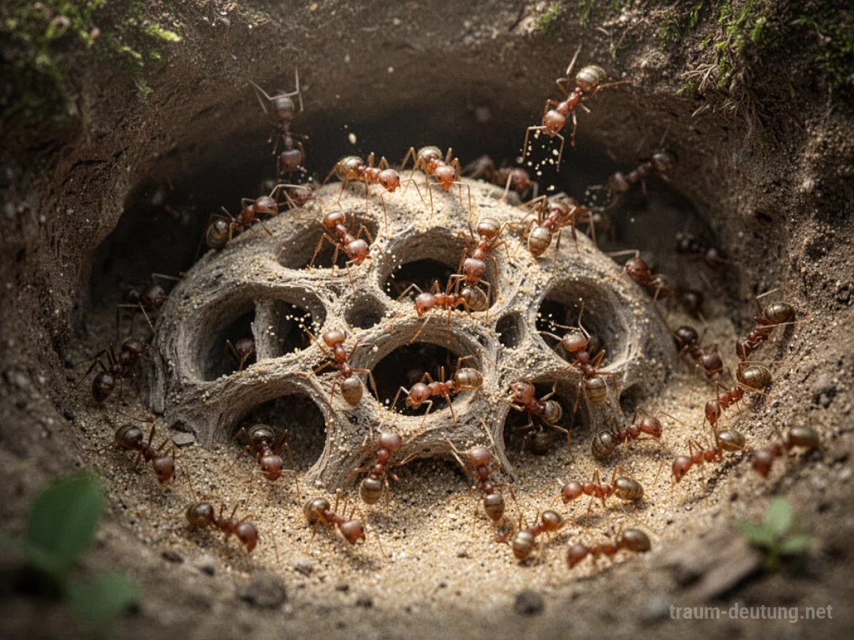 Ameisen bauen gemeinsam ein komplexes Nest im Erdreich.