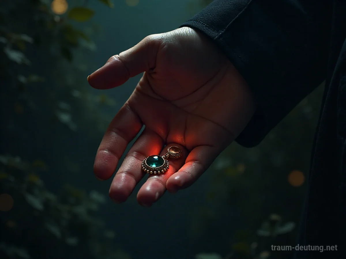 Eine Hand lässt ein kleines Amulett fallen, das in die Dunkelheit gleitet.