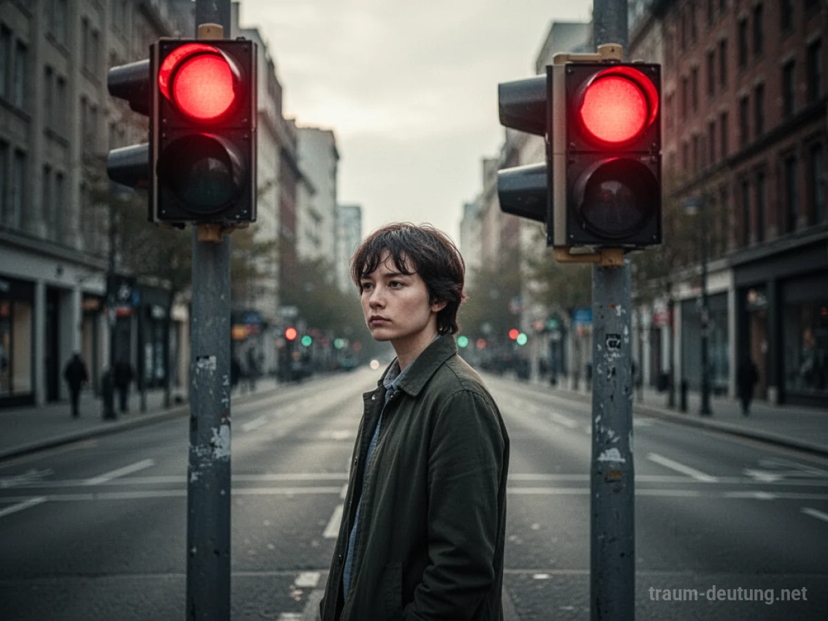 Person steht an einer roten Ampel und wartet.