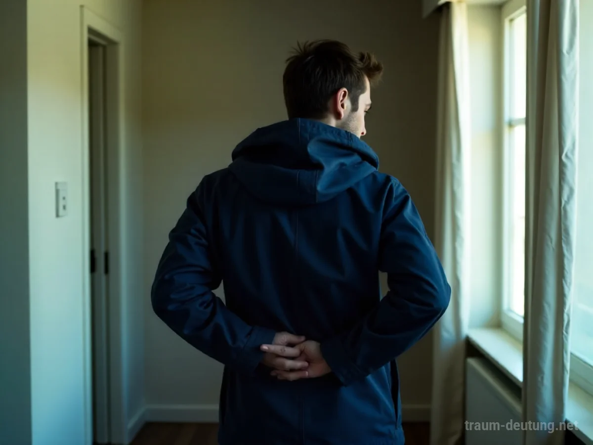 Eine Person versteckt einen dunklen Anorak hinter ihrem Rücken.