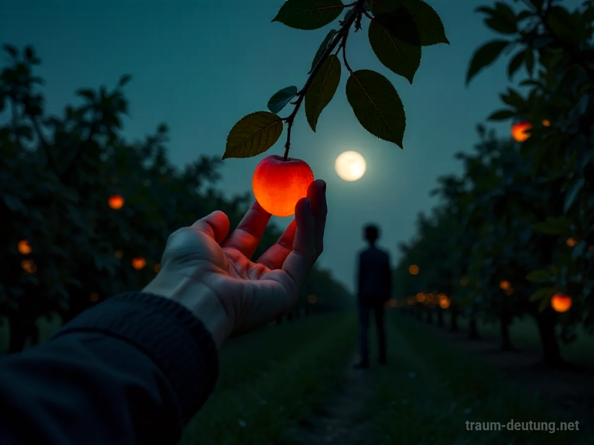 Hand stiehlt eine Aprikose vom Baum im Mondlicht