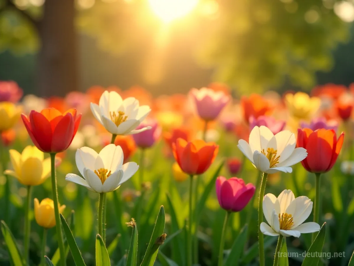 Bunte Aprilblumen auf einer sonnigen Wiese