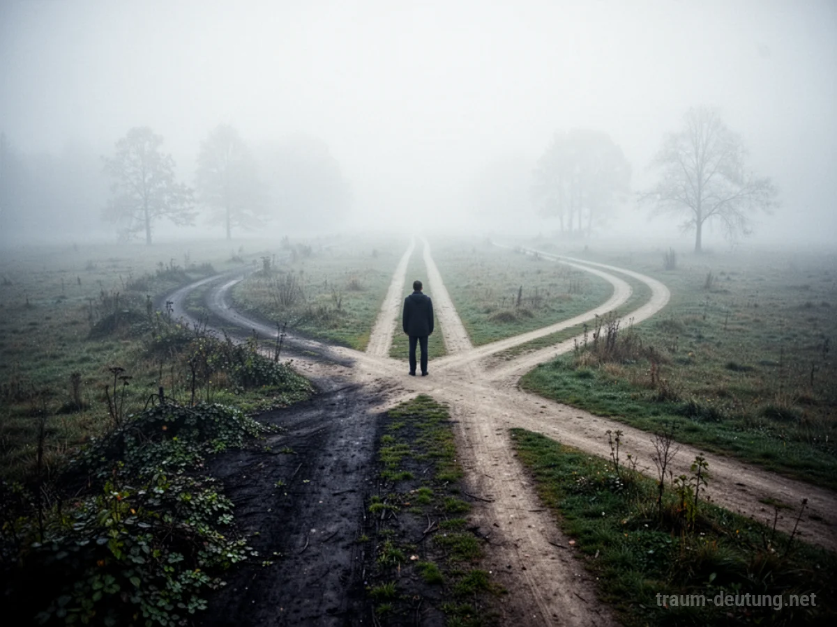 Eine Person steht an einer Weggabelung im Nebel, unsicher, welchen Weg sie wählen soll.