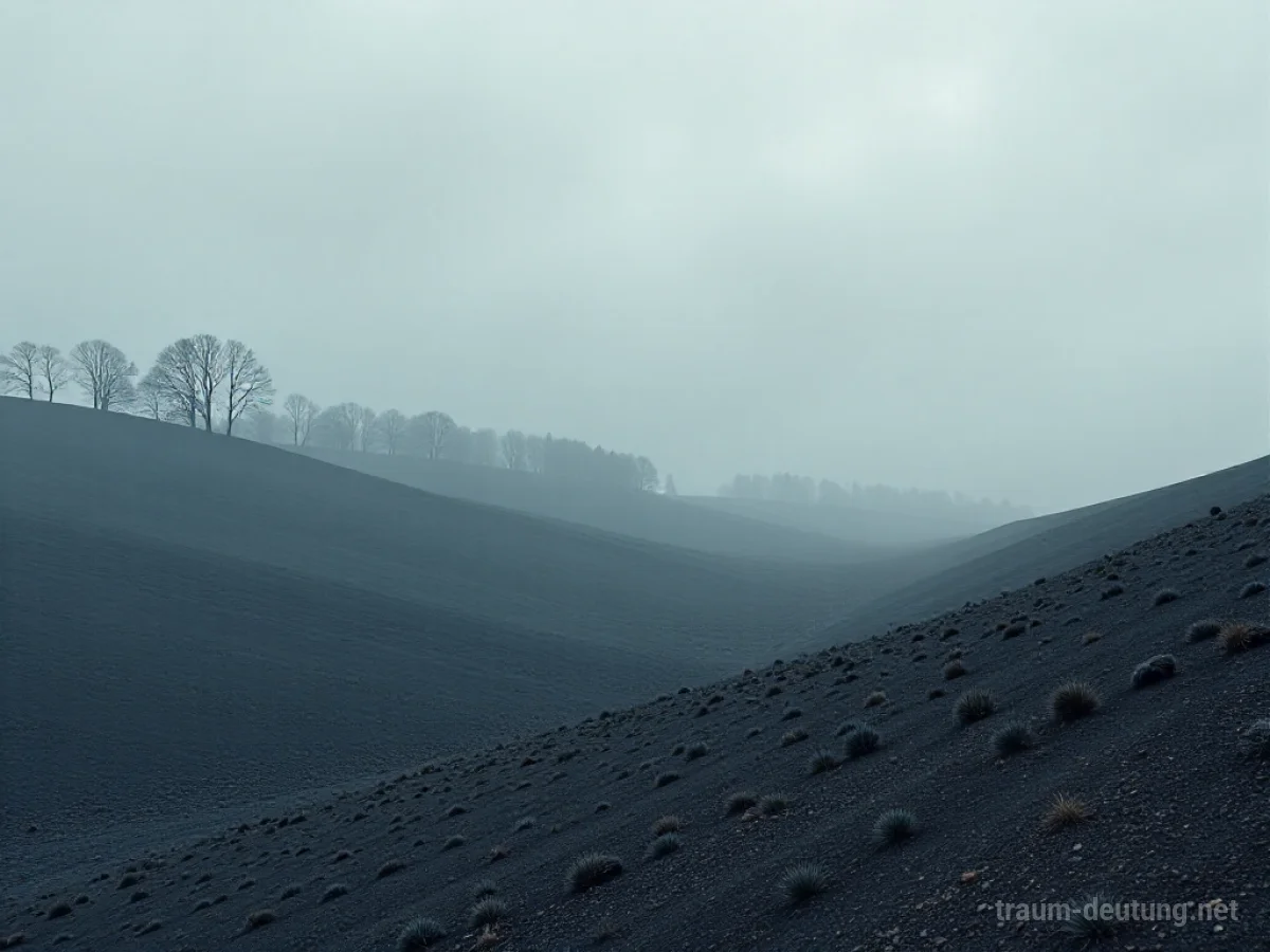 Eine weite Landschaft, komplett bedeckt von grauer Asche, nur die Spitzen von Bäumen ragen hervor.