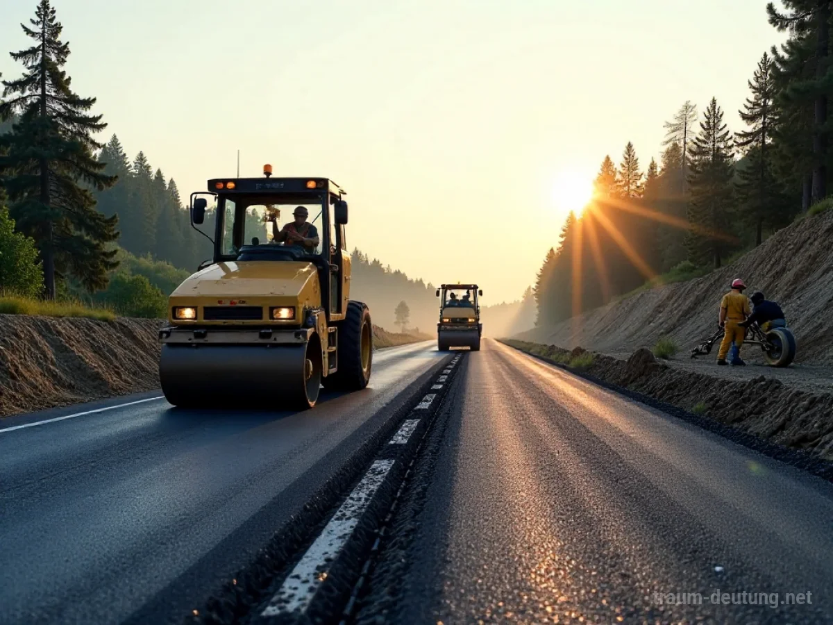 Straßenarbeiter reparieren Asphalt mit einer Walze und einem Asphaltfertiger