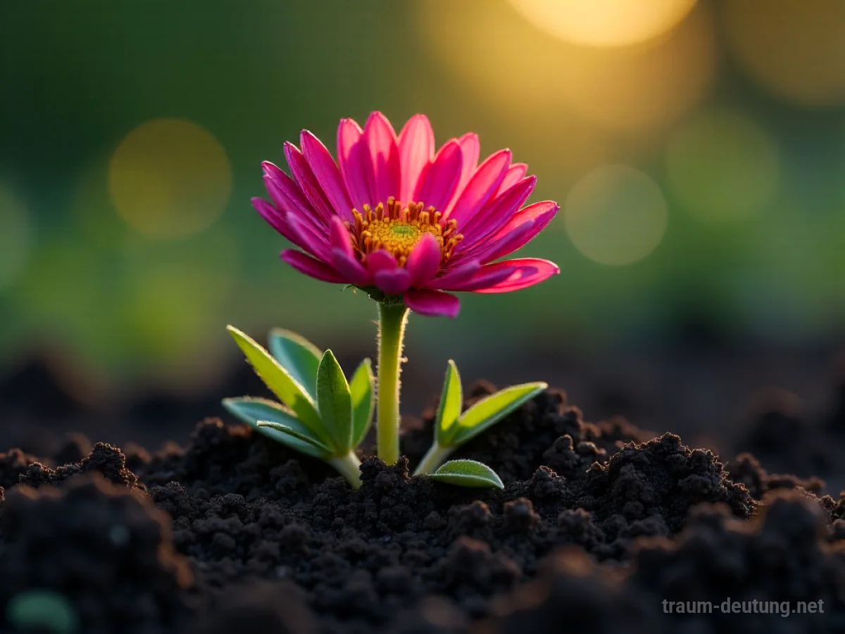 Asternblüte sprießt aus dunkler Erde im Sonnenlicht