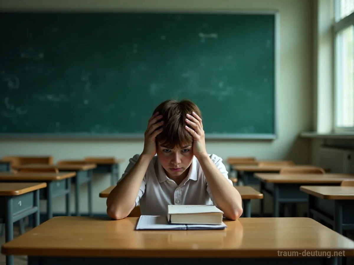 Ein Schüler sitzt gestresst vor Büchern in einem leeren Klassenzimmer.
