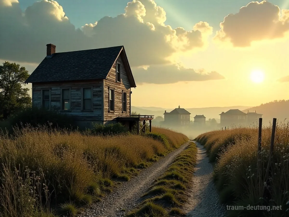 Ein Weg führt von einem alten Haus weg in eine sonnige Landschaft.