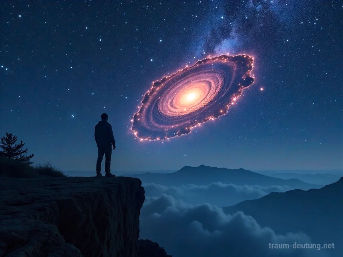 Silhouette einer Person, die auf einer Klippe steht und in einen kosmischen Nebel blickt.