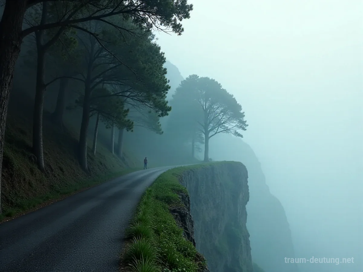 Allee endet abrupt an einer Klippe mit Nebel