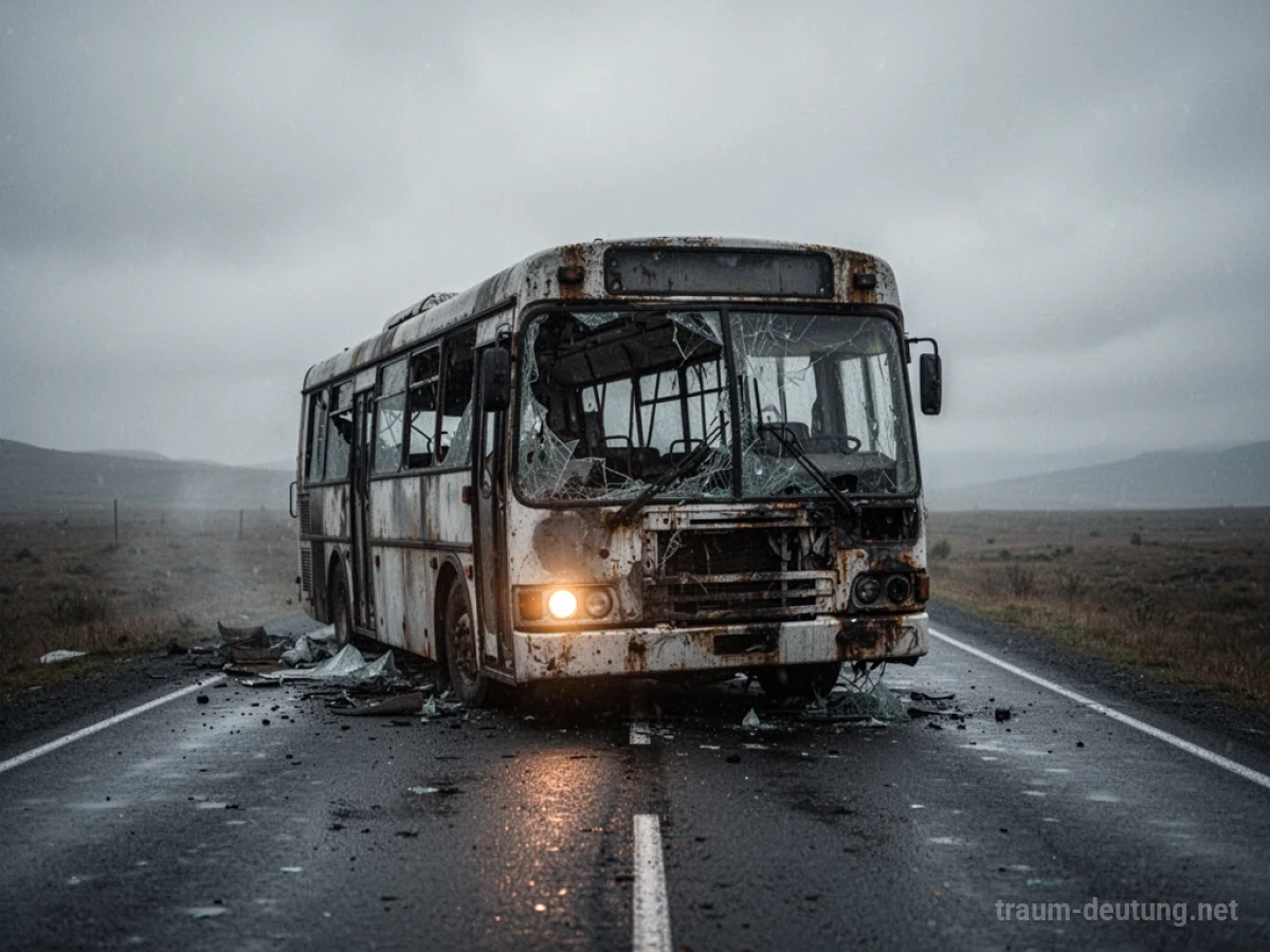 Ein kaputter Autobus steht auf einer einsamen Straße im Zwielicht.