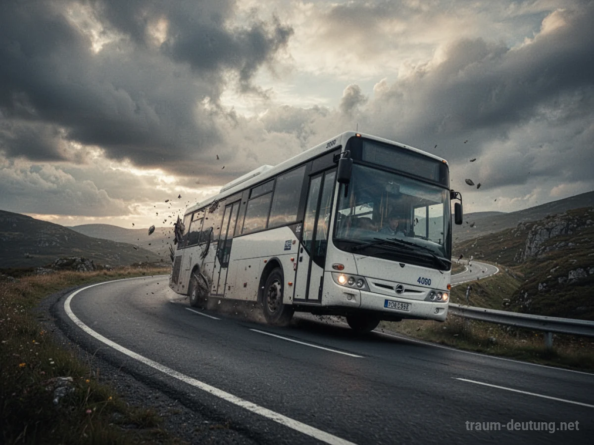 Ein Autobus kippt auf einer kurvigen Straße um, der Himmel ist dramatisch bewölkt.