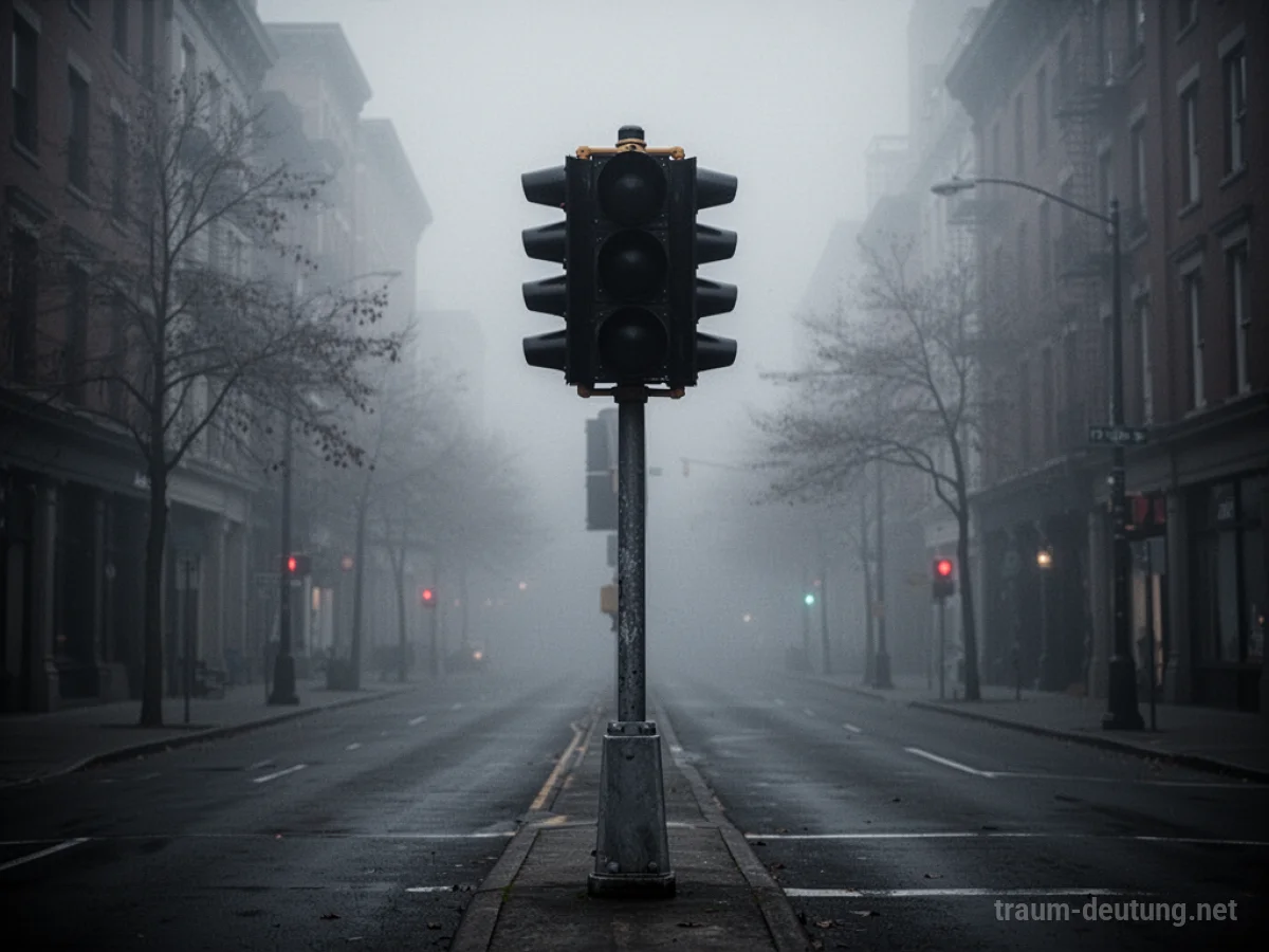 Eine dunkle Ampel auf einer leeren Straße bei Nebel