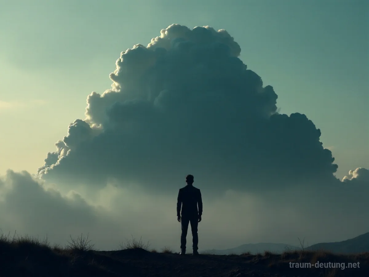 Schattenhafte Figur blickt auf eine dunkle Wolke.
