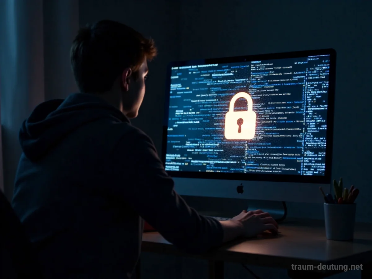 Silhouettenhafte Person betrachtet einen leuchtenden Computerbildschirm mit digitalen Codes und einem Schloss-Symbol.