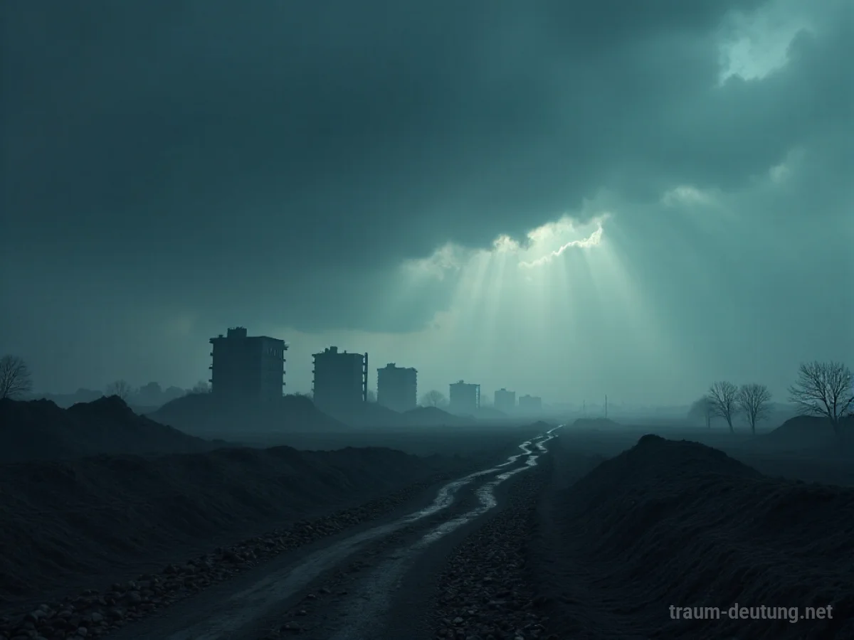 Dunkle, trostlose Landschaft mit zerstörten Silhouetten im Dunst unter bedrohlichem Himmel.