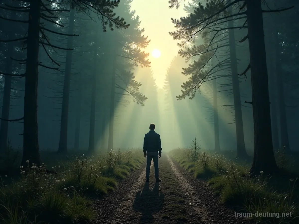 Zwei Wege in einem nebligen Wald, einer hell, der andere dunkel