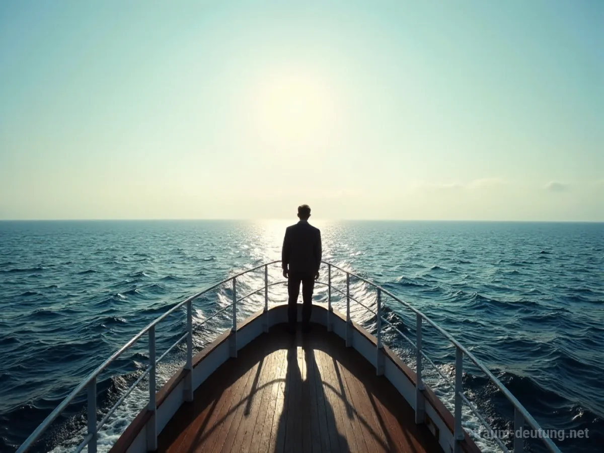 Silhouetten einer Person, die auf einem Schiffsdeck steht und auf das Meer blickt.