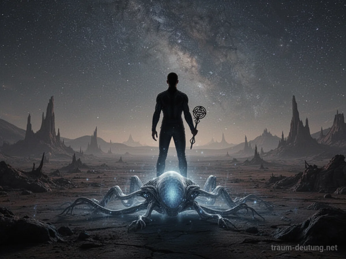 Eine Person steht über einer schattenhaften Alien-Form auf einer fremden Welt.