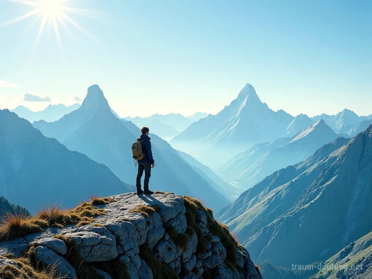 Person genießt Alpenpanorama von einem Berggipfel aus.