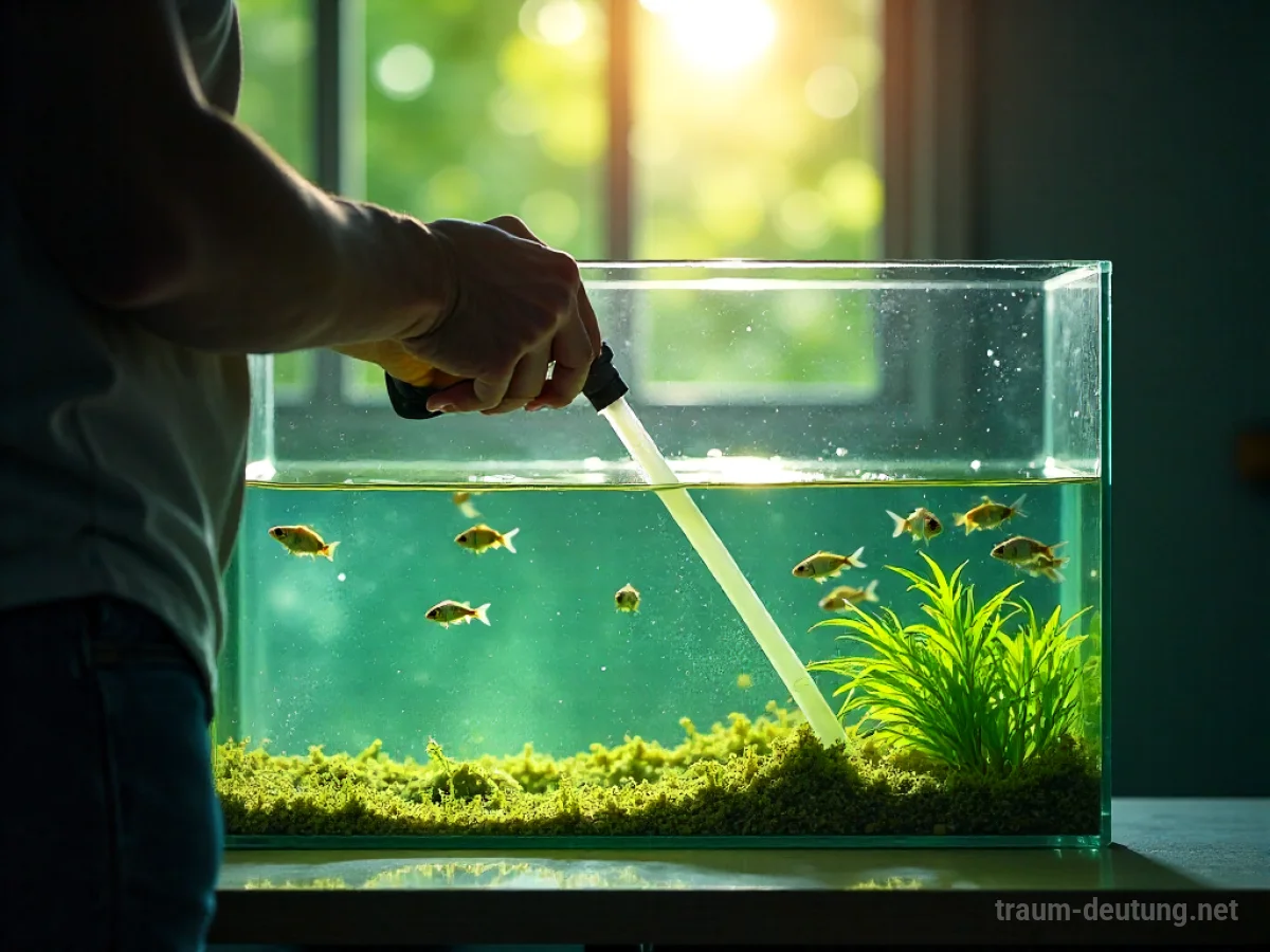 Eine Person reinigt ein Aquarium mit Fischen und Pflanzen.