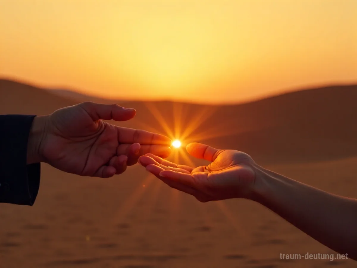 Eine Hand reicht symbolisch etwas an eine andere Hand, vor einer Wüstenlandschaft