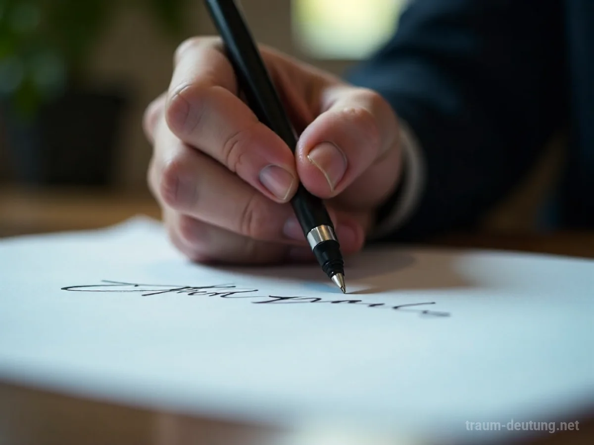 Eine Hand versucht, ein unleserliches Autogramm auf Papier zu schreiben.