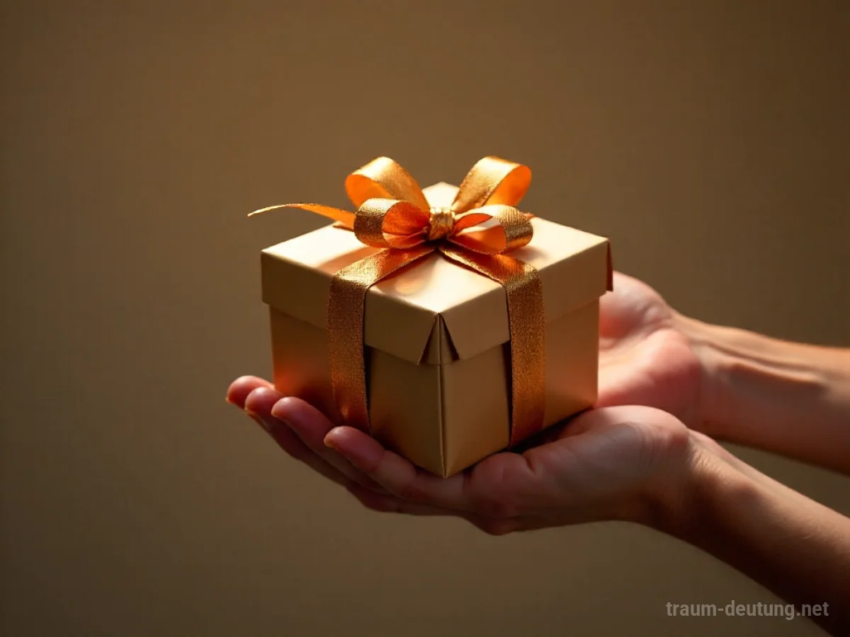 Eine Hand reicht eine Geschenkbox mit Schleife über einen Tisch.