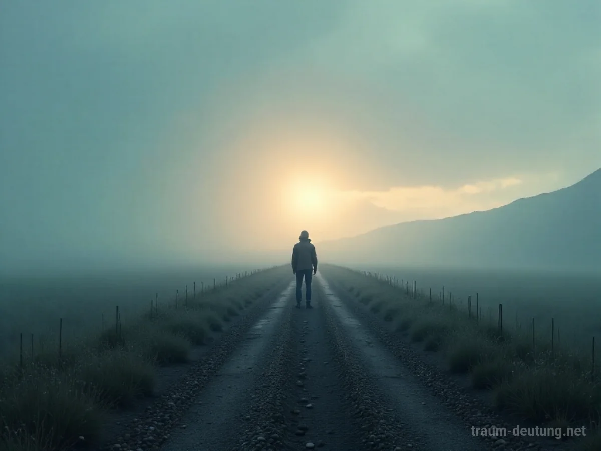 Eine Person steht an einer Weggabelung und blickt auf einen fernen Horizont.