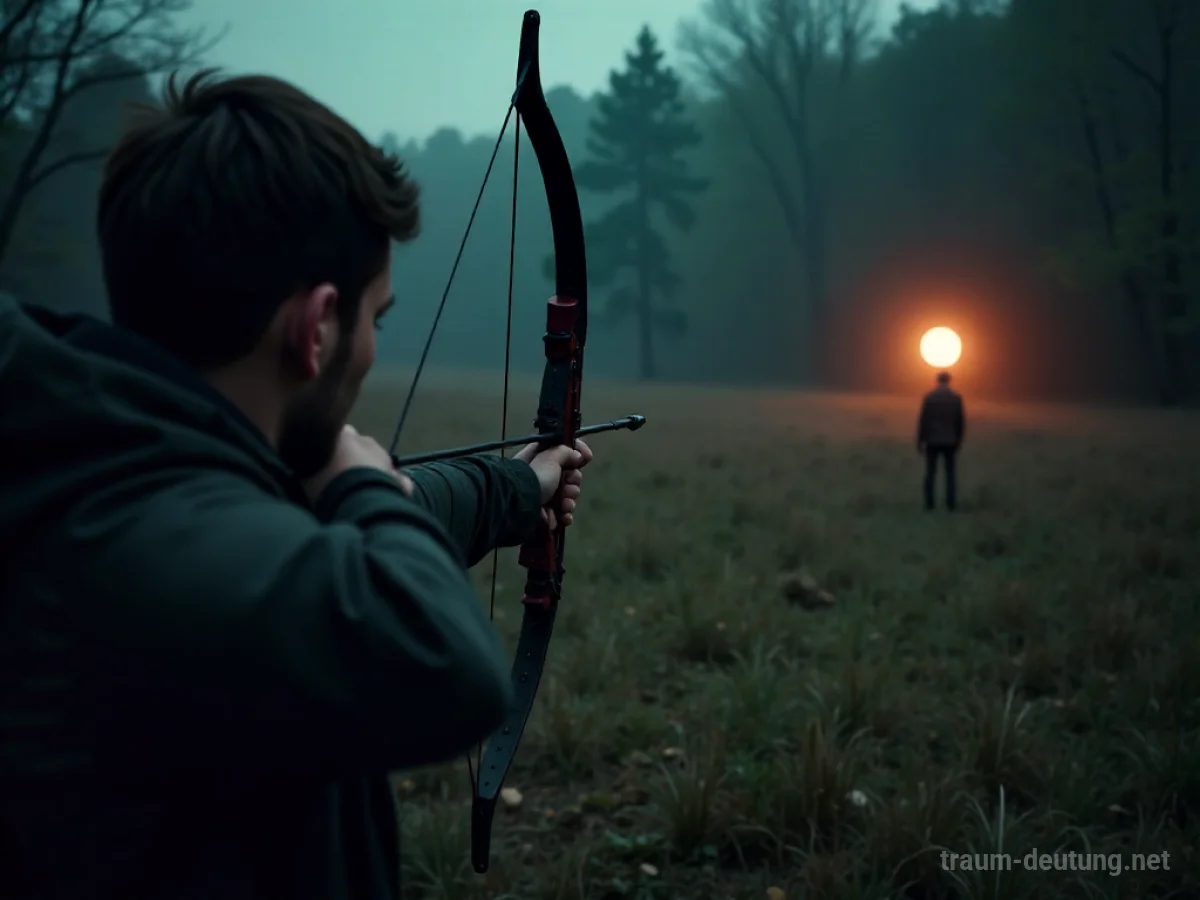 Eine Person verfehlt mit einer Armbrust ein Ziel, der Pfeil fällt zu Boden.