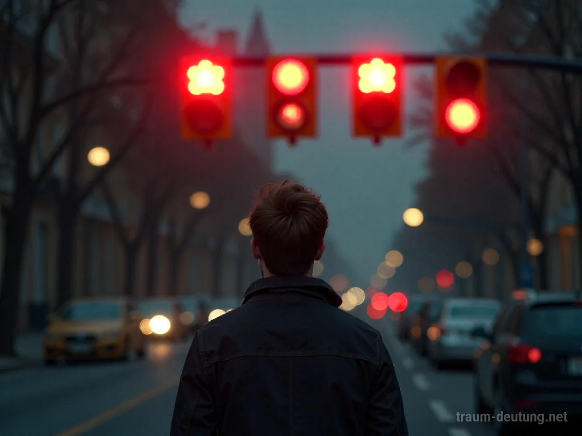 Eine verwirrte Person steht vor einer Ampel, deren Lichter unregelmäßig blinken.