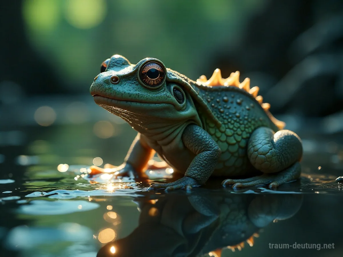 Eine Amphibie im Prozess der Verwandlung, umgeben von sanftem Licht.