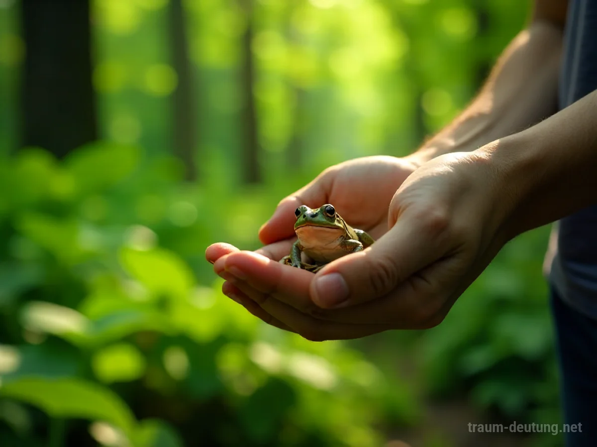Hände fangen eine kleine Amphibie im Wald
