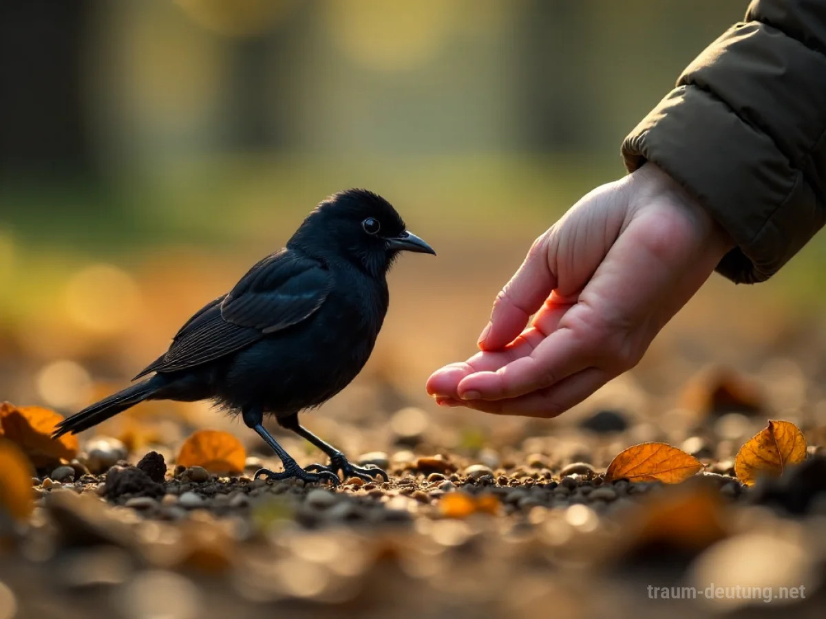 Hand füttert eine Amsel mit Samen auf dem Boden.