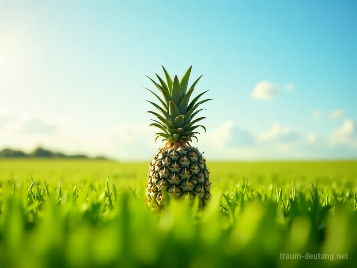 Eine einzelne Ananas steht auf einer grünen Wiese.