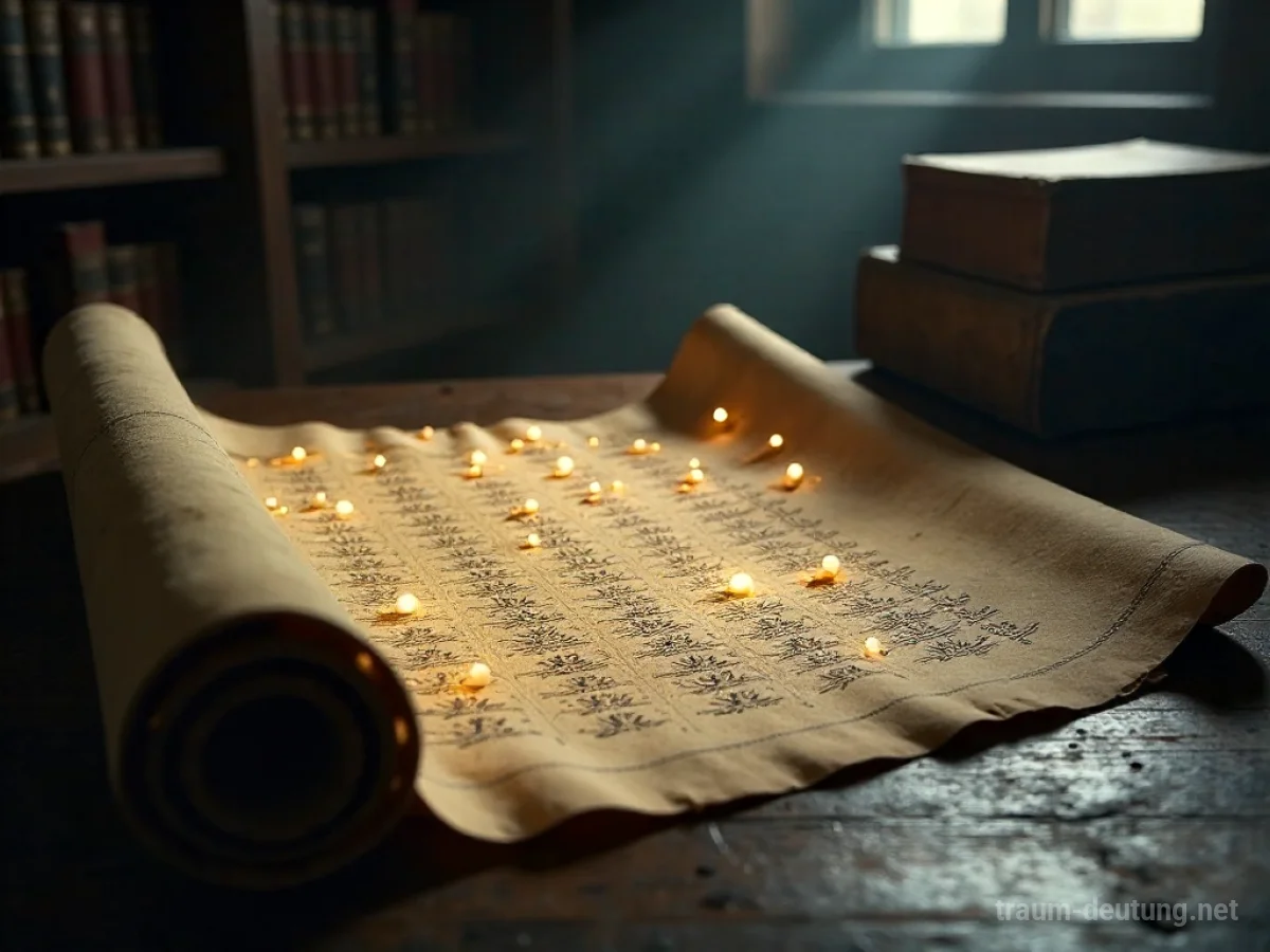 Eine antike Schriftrolle entrollt sich und enthüllt leuchtende, archaische Symbole in einem staubigen Raum.