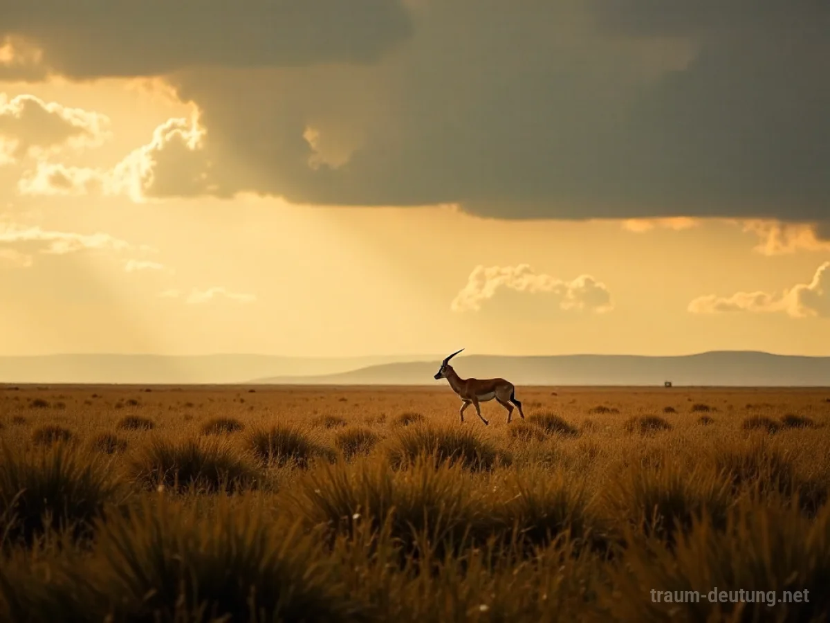 Antilope rennt über weite Savanne unter dramatischem Himmel