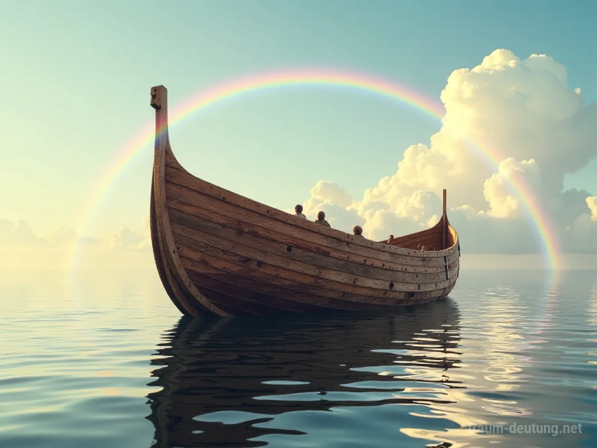Eine große Holzarche schwimmt auf ruhigem Wasser, mit einem Regenbogen am Himmel.