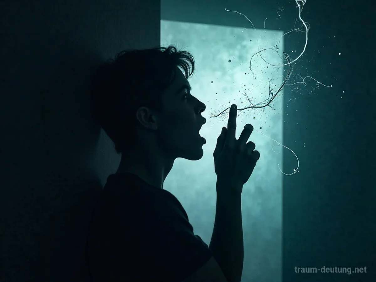 Silhouette einer Person mit Atemnot in einem dunklen Raum, umgeben von Symbolen der Panik.