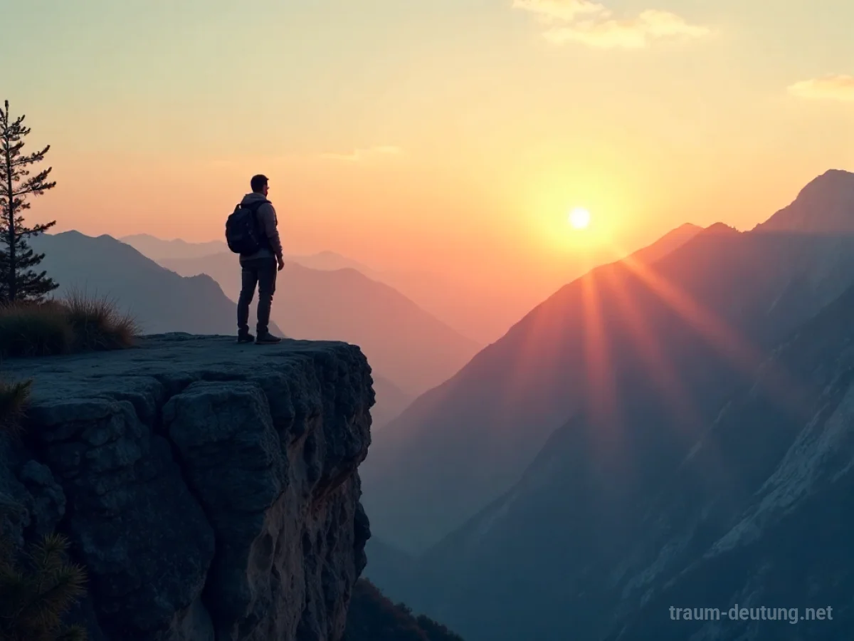 Eine Person steht auf einer Klippe und blickt auf eine weite, schöne Landschaft bei Sonnenaufgang.