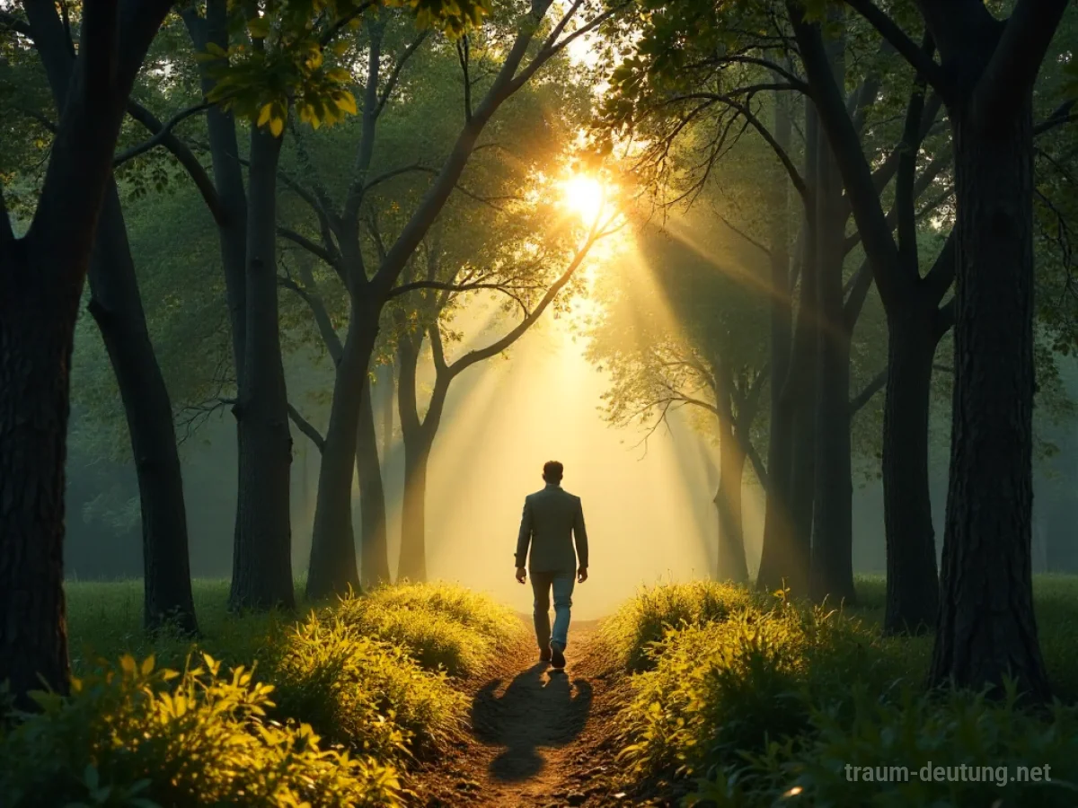 Person betritt einen Akazienwald mit Sonnenstrahlen, die durch die Blätter fallen.