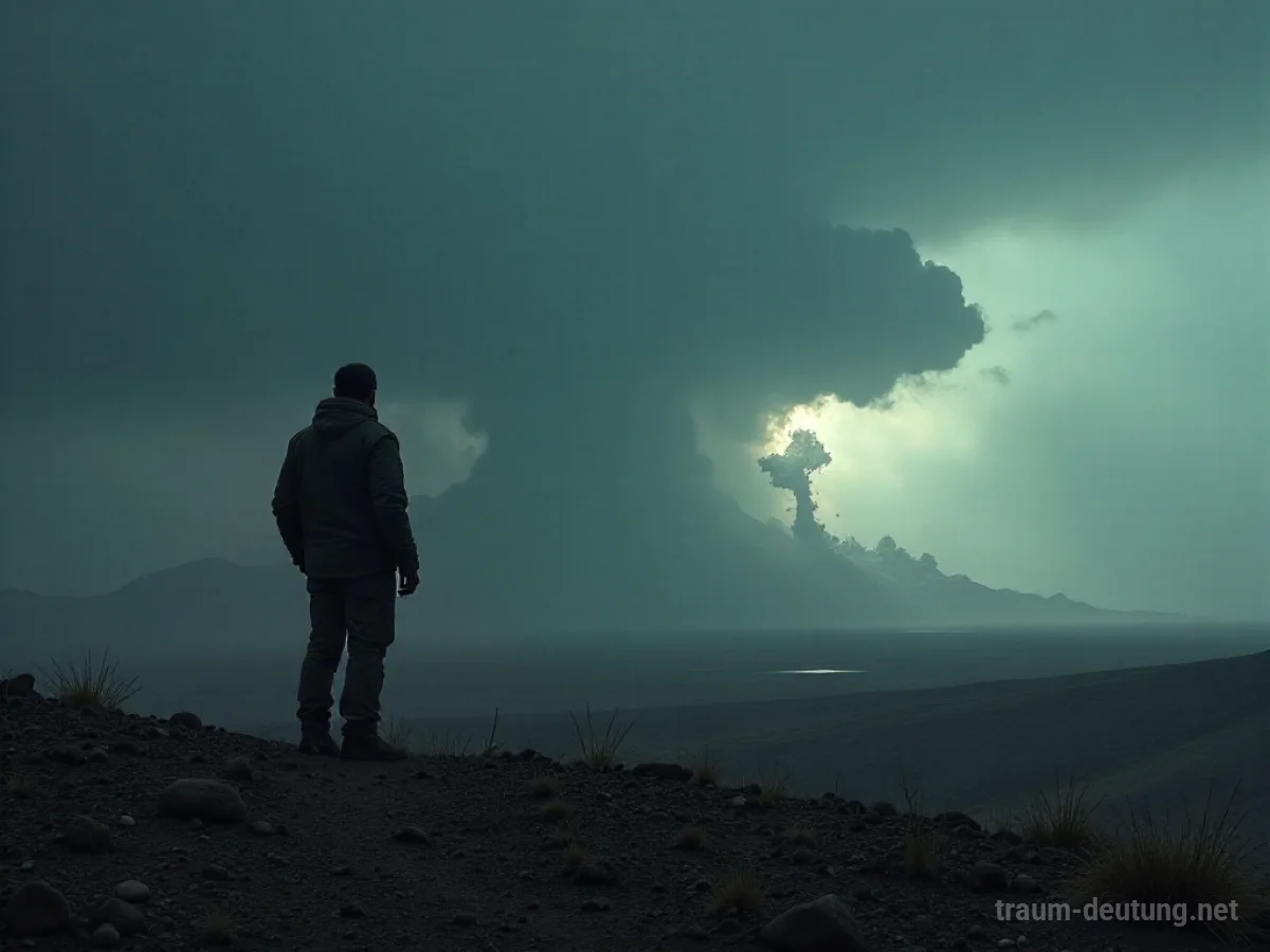 Eine einzelne Person steht in einer zerstörten Landschaft und blickt auf eine ferne Atombombenwolke.