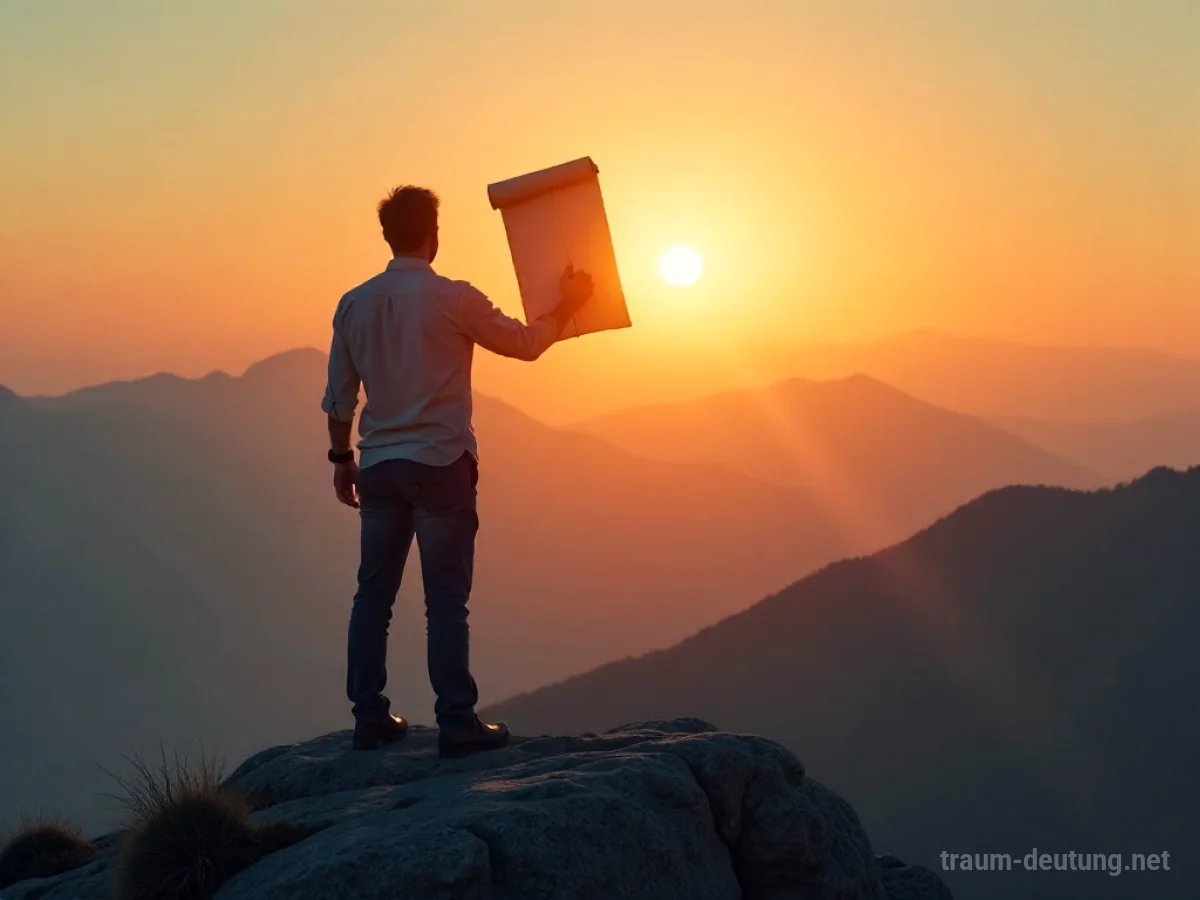Person steht auf einem Berggipfel mit einer erfüllten Aufgabe.