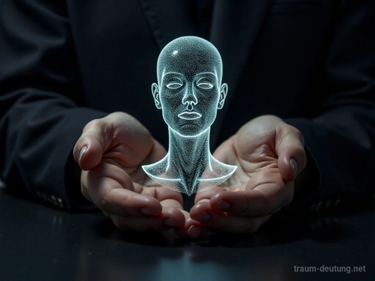 Hände gestalten einen leuchtenden Avatar in einem futuristischen Interface.