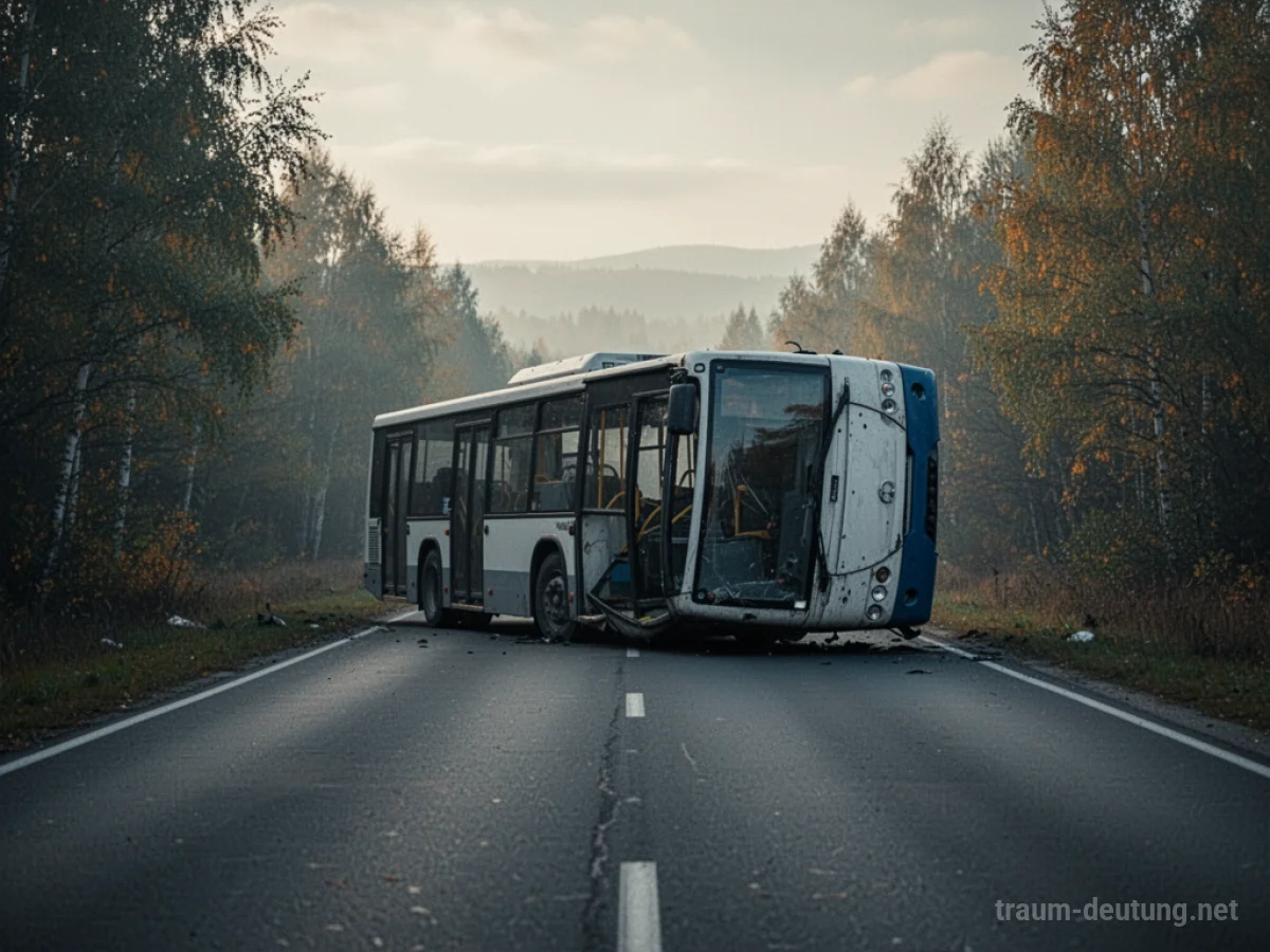 Ein umgekippter Autobus auf einer leeren Straße, aus der Ferne betrachtet.