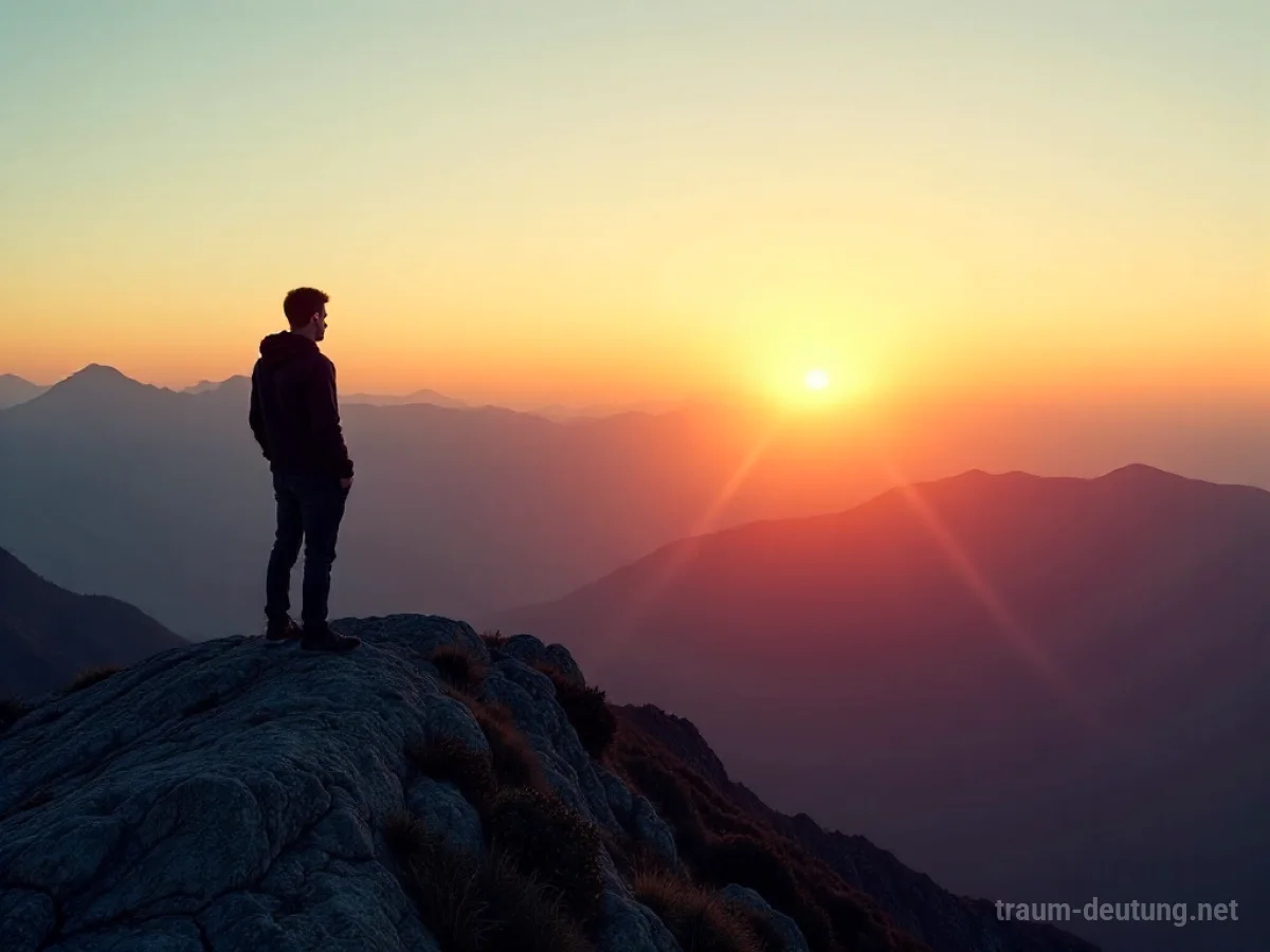 Mensch steht auf einem Berggipfel im Sonnenaufgang und blickt in die Ferne.