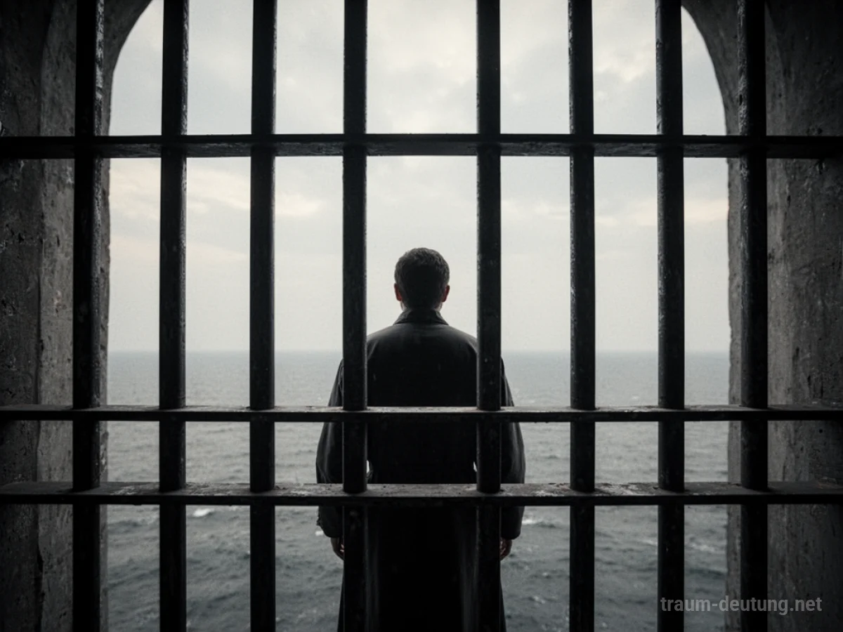 Silhouette einer Person hinter Gittern, die in einen leeren Raum blickt